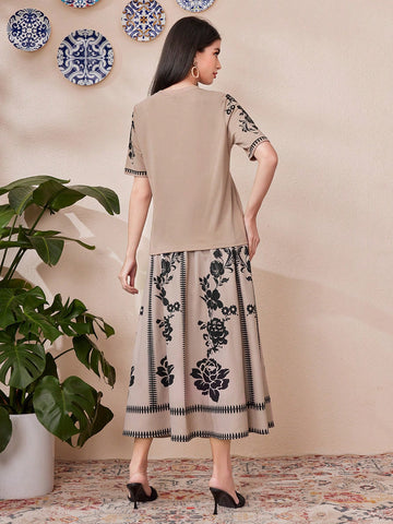 Ladies' Floral Print Short Sleeve Top And Draped Wide Waistband Skirt 2pcs/Set