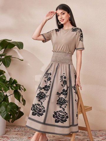 Ladies' Floral Print Short Sleeve Top And Draped Wide Waistband Skirt 2pcs/Set