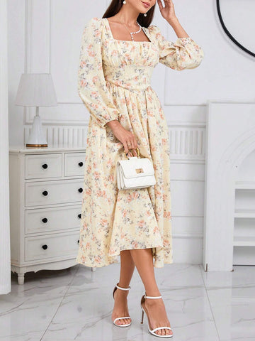 Ladies' Floral Print Square Neck Lantern Sleeve Dress