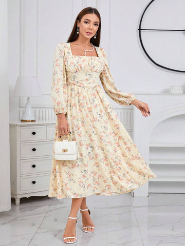 Ladies' Floral Print Square Neck Lantern Sleeve Dress