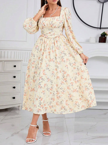 Ladies' Floral Print Square Neck Lantern Sleeve Dress
