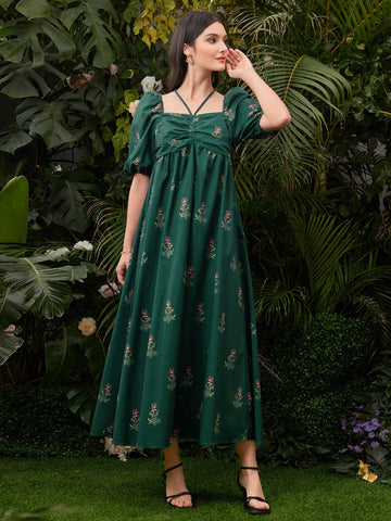Ladies' Mini Floral Print Puff Sleeve Dress