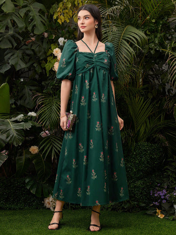 Ladies' Mini Floral Print Puff Sleeve Dress