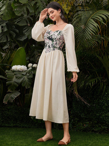 Ladies' Printed Splice Lantern Sleeve Dress