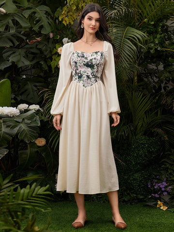Ladies' Printed Splice Lantern Sleeve Dress