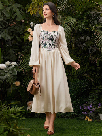 Ladies' Printed Splice Lantern Sleeve Dress