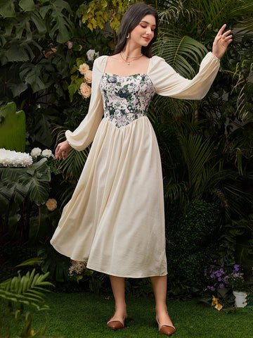Ladies' Printed Splice Lantern Sleeve Dress
