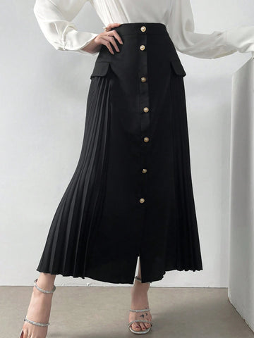 Mulvari Ladies' Single-Breasted Pleated A-Line Skirt For Daily Wear