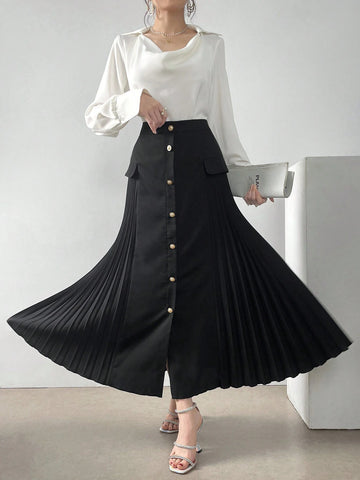 Mulvari Ladies' Single-Breasted Pleated A-Line Skirt For Daily Wear