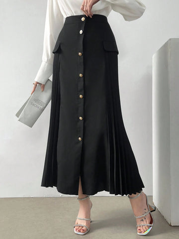 Mulvari Ladies' Single-Breasted Pleated A-Line Skirt For Daily Wear