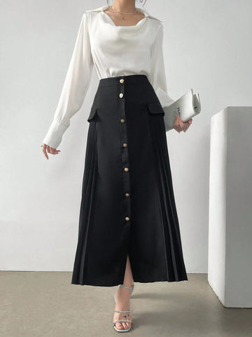 Mulvari Ladies' Single-Breasted Pleated A-Line Skirt For Daily Wear