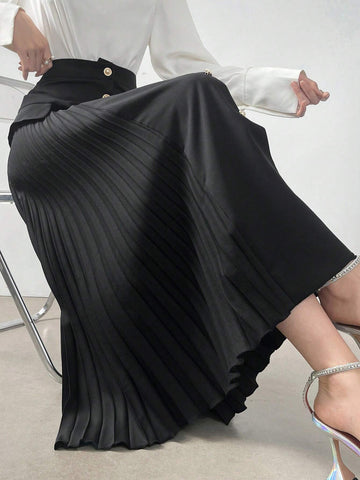 Mulvari Ladies' Single-Breasted Pleated A-Line Skirt For Daily Wear