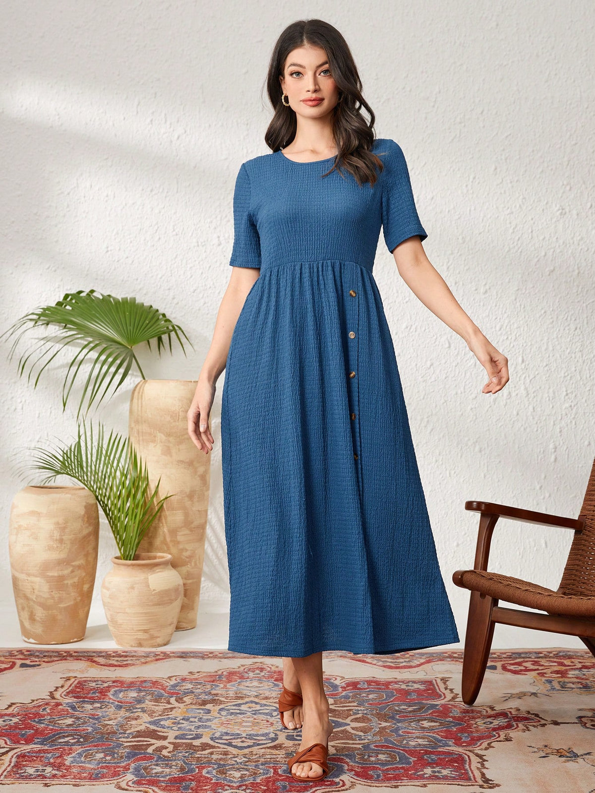 Ladies' Solid Color Front Button-Up Dress
