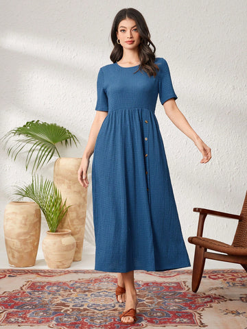 Ladies' Solid Color Front Button-Up Dress