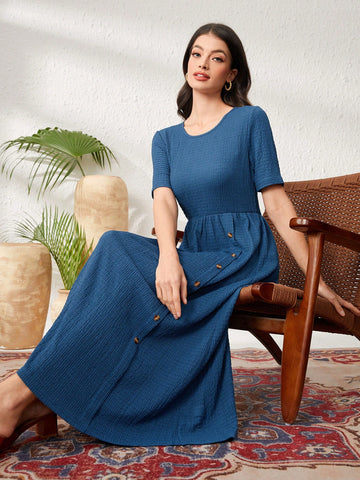 Ladies' Solid Color Front Button-Up Dress