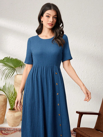 Ladies' Solid Color Front Button-Up Dress