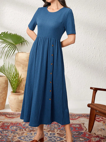 Ladies' Solid Color Front Button-Up Dress