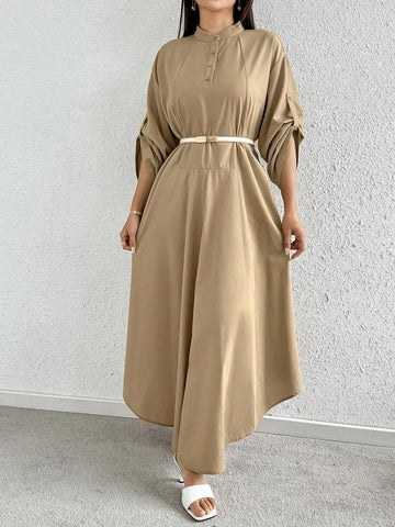 Ladies' Solid Color Simple Belted Decorated Dress