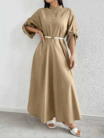 Ladies' Solid Color Simple Belted Decorated Dress