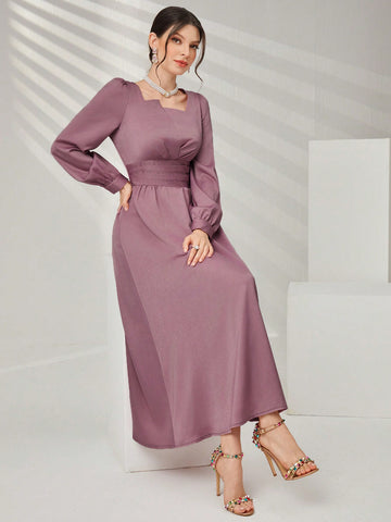 Mulvari Ladies' Solid Color Square Neckline & Waist Cinched Sleeveless Dress