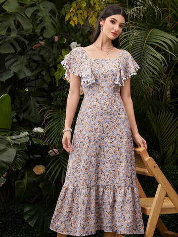 Ladies' Square Neck Floral Dress With Pom Pom Decor