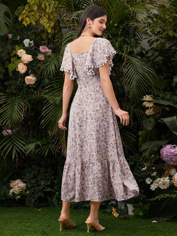 Ladies' Square Neck Floral Dress With Pom Pom Decor