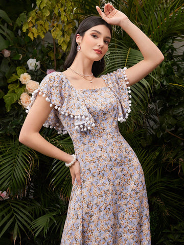 Ladies' Square Neck Floral Dress With Pom Pom Decor