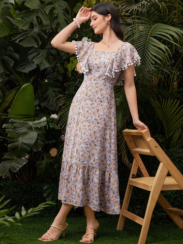 Ladies' Square Neck Floral Dress With Pom Pom Decor
