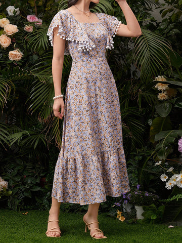 Ladies' Square Neck Floral Dress With Pom Pom Decor