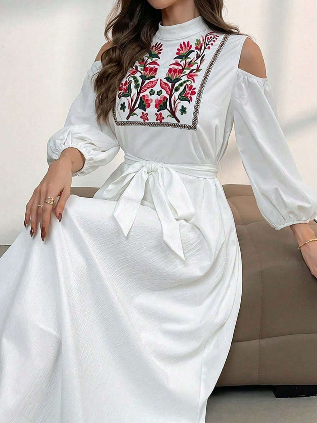 Ladies Stand Collar Belted Hollow Flower Embroidery Elegant Dress