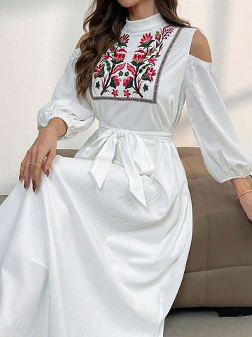 Ladies Stand Collar Belted Hollow Flower Embroidery Elegant Dress