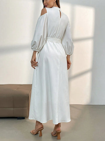Ladies Stand Collar Belted Hollow Flower Embroidery Elegant Dress