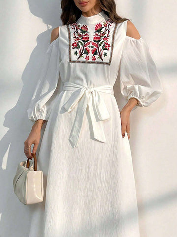 Ladies Stand Collar Belted Hollow Flower Embroidery Elegant Dress
