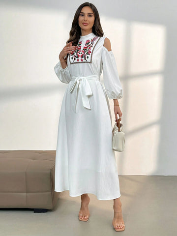 Ladies Stand Collar Belted Hollow Flower Embroidery Elegant Dress