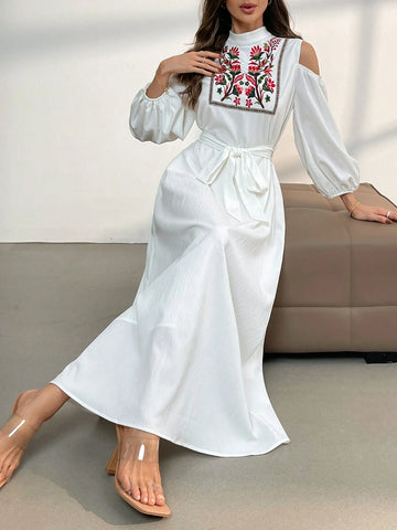Ladies Stand Collar Belted Hollow Flower Embroidery Elegant Dress