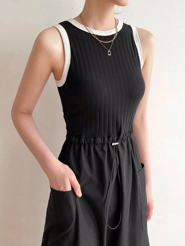 Ladies' Summer Color Block Round Neck Sleeveless Casual Dress With Trim And Pockets
