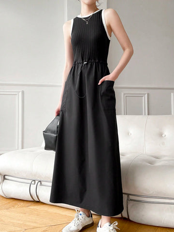 Ladies' Summer Color Block Round Neck Sleeveless Casual Dress With Trim And Pockets