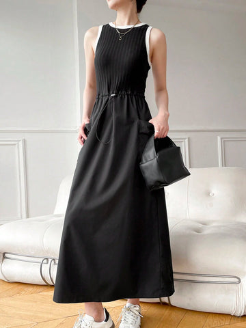 Ladies' Summer Color Block Round Neck Sleeveless Casual Dress With Trim And Pockets