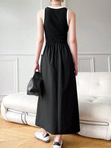 Ladies' Summer Color Block Round Neck Sleeveless Casual Dress With Trim And Pockets