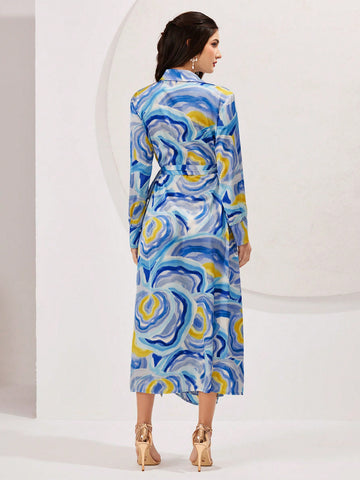Ladies' Tie Dye Printed Wrap Tie Waist Maxi Dress