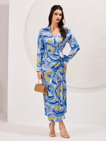 Ladies' Tie Dye Printed Wrap Tie Waist Maxi Dress