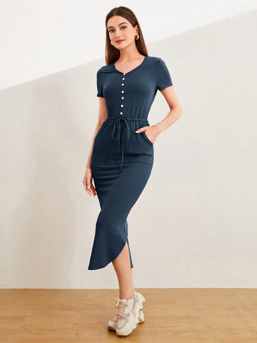 Ladies' V-Neck Button Up Drawstring Casual Short Sleeve Dress With Versatile Style