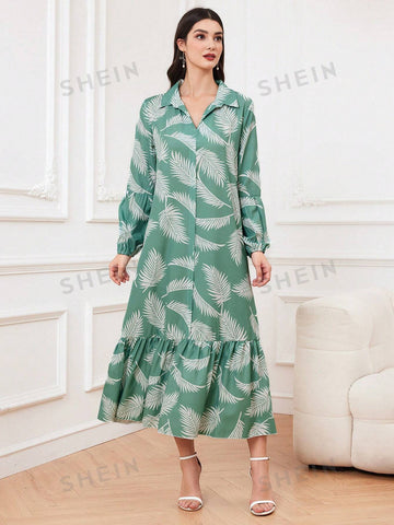 Leaf Pattern Printed Shirt Dress With Ruffled Hem