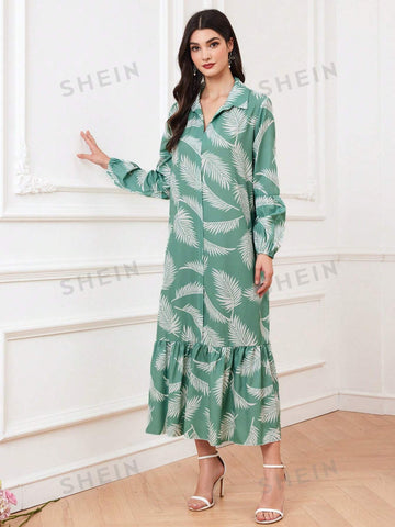 Leaf Pattern Printed Shirt Dress With Ruffled Hem