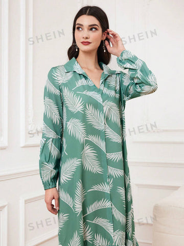 Leaf Pattern Printed Shirt Dress With Ruffled Hem