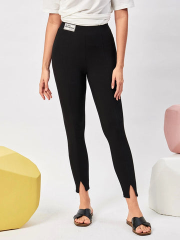 Mulvari Letter Patched Split Hem Leggings