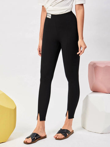 Mulvari Letter Patched Split Hem Leggings