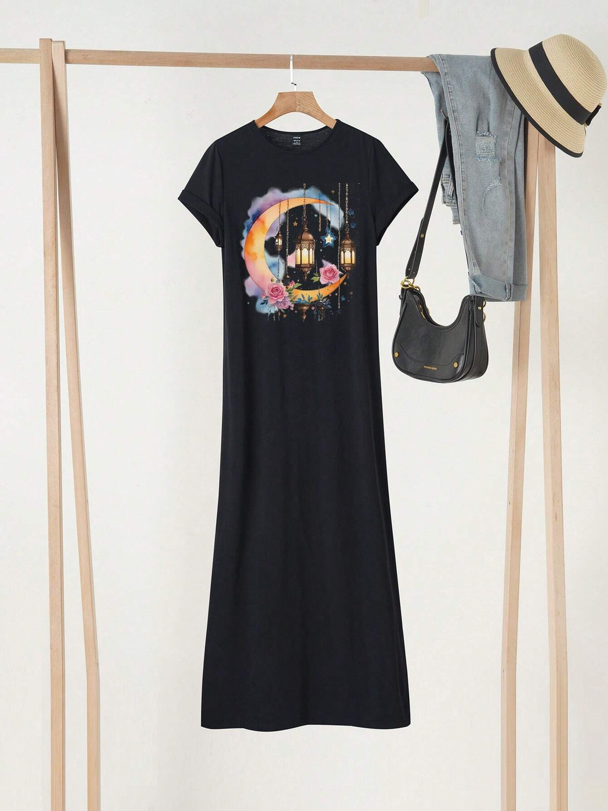 Loose-Fit Casual Patterned Short Sleeve Tee Dress With Round Neck