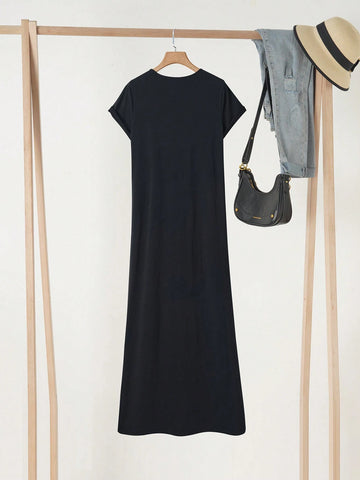 Loose-Fit Casual Patterned Short Sleeve Tee Dress With Round Neck