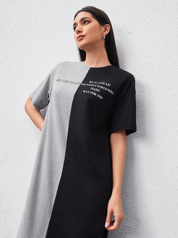 Loose Fit Color Block Letter Print Dress